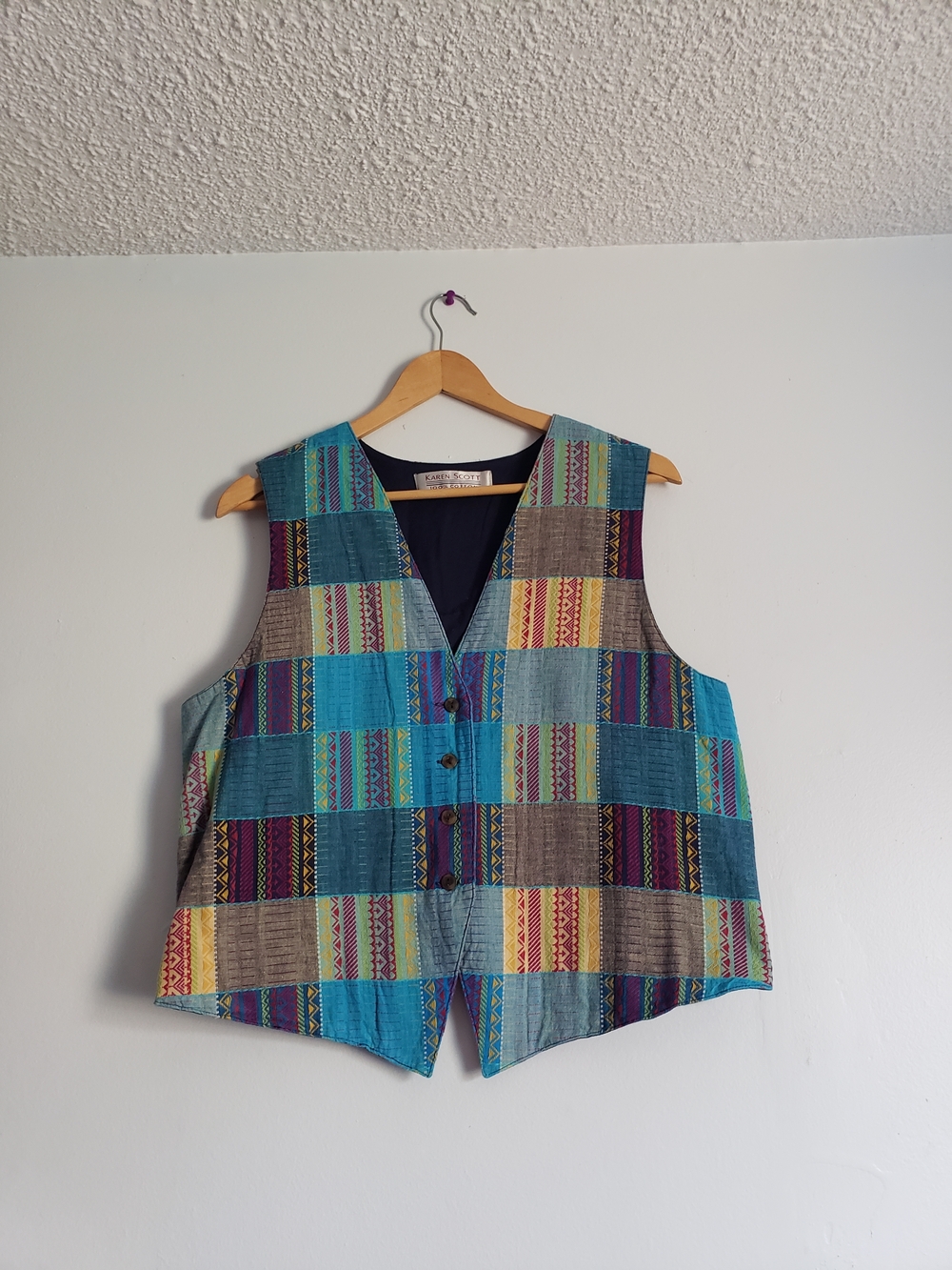 Karen Scott Madras Patchwork Turquoise & Teal Button Vest